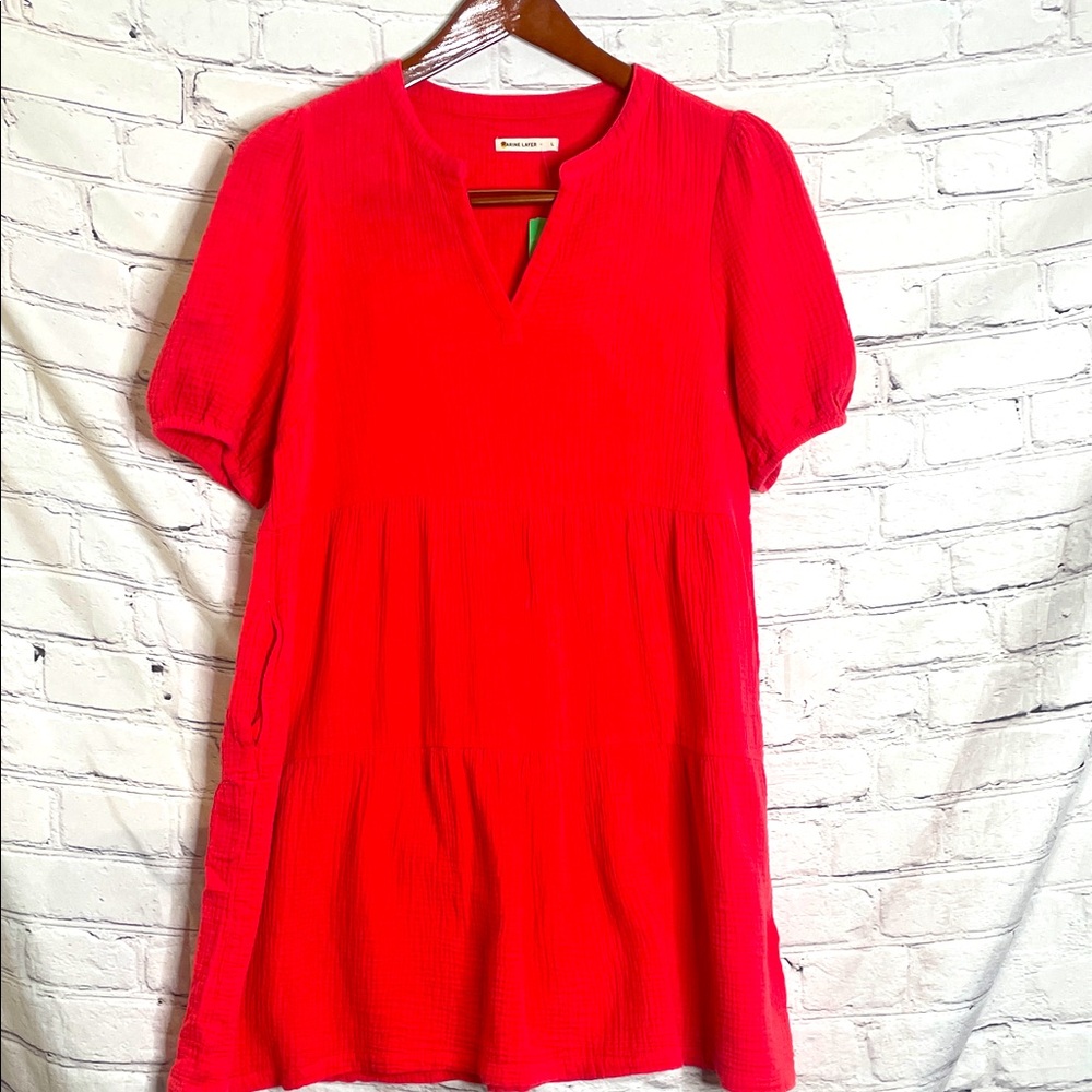 Anthropologie Marine Layer Red Layered Puffed Sleeves Dress Size Large